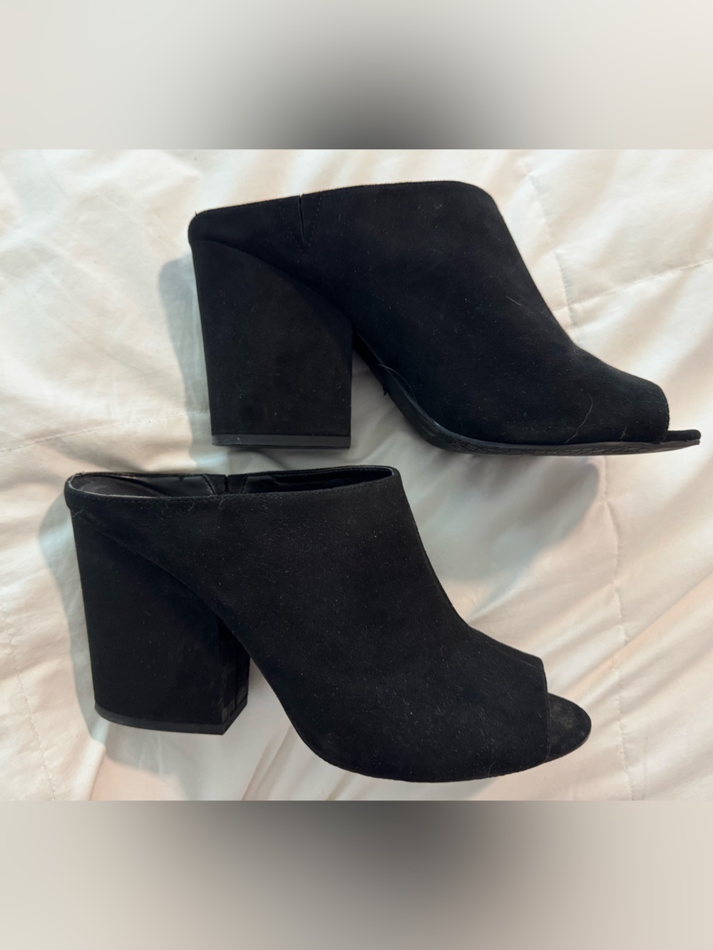 Black Suede Mule Heels with Peep Toe - Women